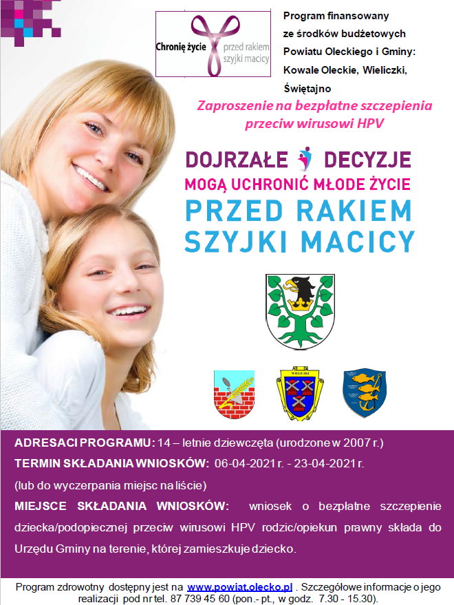 Plakat programu polityki zdrowotnej w zakresie profilaktyki zakażeń wirusem brodawczaka ludzkiego HPV na lata 2019-2024 w powiecie oleckim