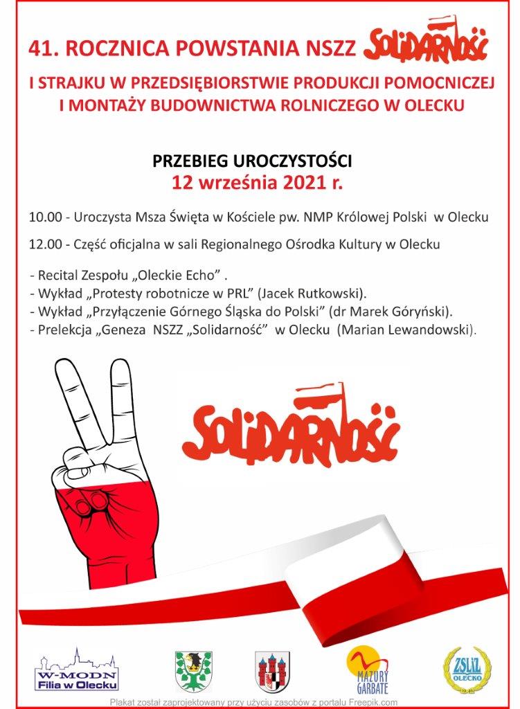 Plakat obchodów 41. rocznicy powstania NSZZ Solidarność z programem uroczystości, 12.09.2021 r. od godz. 10:00