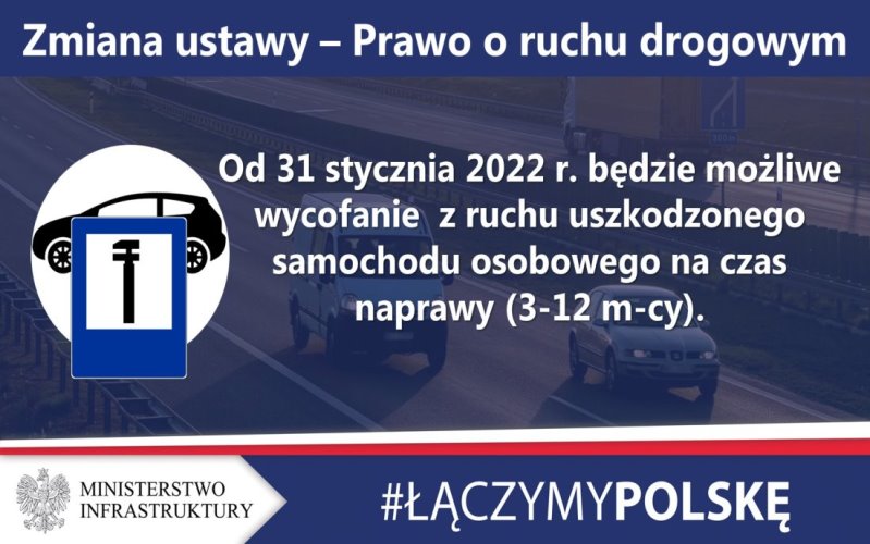 Grafika i napisy. Zmiana ustawy Prawo o ruchu drogowym. Od 31.01.2022 r. będzie możliwe wycofanie z ruchu uszkodzonego samochodu osobowego na czas naprawy 3-12 miesięcy. #ŁĄCZYMY POLSKĘ. Jest też logo Ministerstwa Infrastruktury i samochód ze znakiem drogowym stacja obsługi technicznej pojazdu.