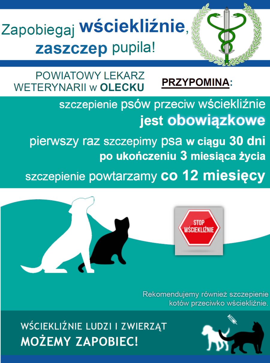 Plakat. Na nim logo Głównego Inspektoratu Weterynarii. Napisy: zapobiegaj wściekliźnie, zaszczep pupila; Powiatowy Lekarz Weterynarii w Olecku przypomina: szczepienie psów przeciw wściekliźnie jest obowiązkowe; pierwszy raz szczepimy psa w ciągu 30 dni po ukończeniu 3 miesiąca życia; szczepienie powtarzamy co 12 miesięcy; stop wściekliźnie; rekomendujemy szczepienie kotów przeciw wściekliźnie; wściekliźnie ludzi i zwierząt możemy zapobiegać. Na dole jest pies i kot, a nad nimi strzykawka.