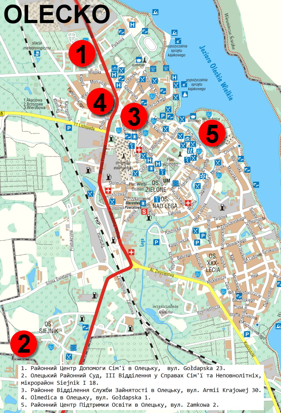 Mapa miasta Olecka. Jest na niej zaznaczonych 5 punktów. Mają one cyfry od 1 do 5. W legendzie mapy przy każdej z cyfr jest wpisana nazwa instytucji w języku ukraińskim.