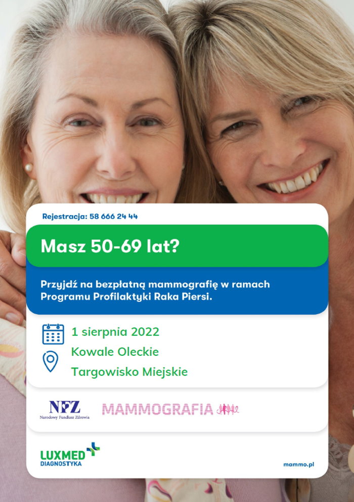 Plakat. Na górze twarze 2 kobiet. Pod nimi napisy. Rejestracja 58 666 24 44. Masz 50-69 lat? Przyjdź na bezpłatną mammografię w ramach Programu Profilaktyki Raka Piersi. 1 sierpnia 2022 r. Kowale Oleckie, Targowisko Miejskie, mammo.pl. Pod nimi 3 logotypy.