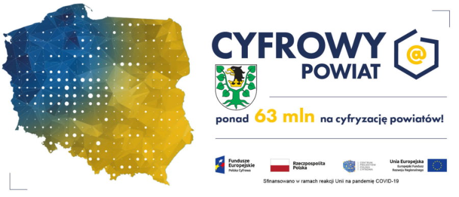 Grafika. Po lewej kształt obszaru Polski. Po prawej napisy: Cyfrowy Powiat; ponad 63 mln na cyfryzację powiatów. Informacja o finansowaniu. 5 logotypów, tj. programu, instytucji, flaga Polski i Unii oraz herb Powiatu Oleckiego.