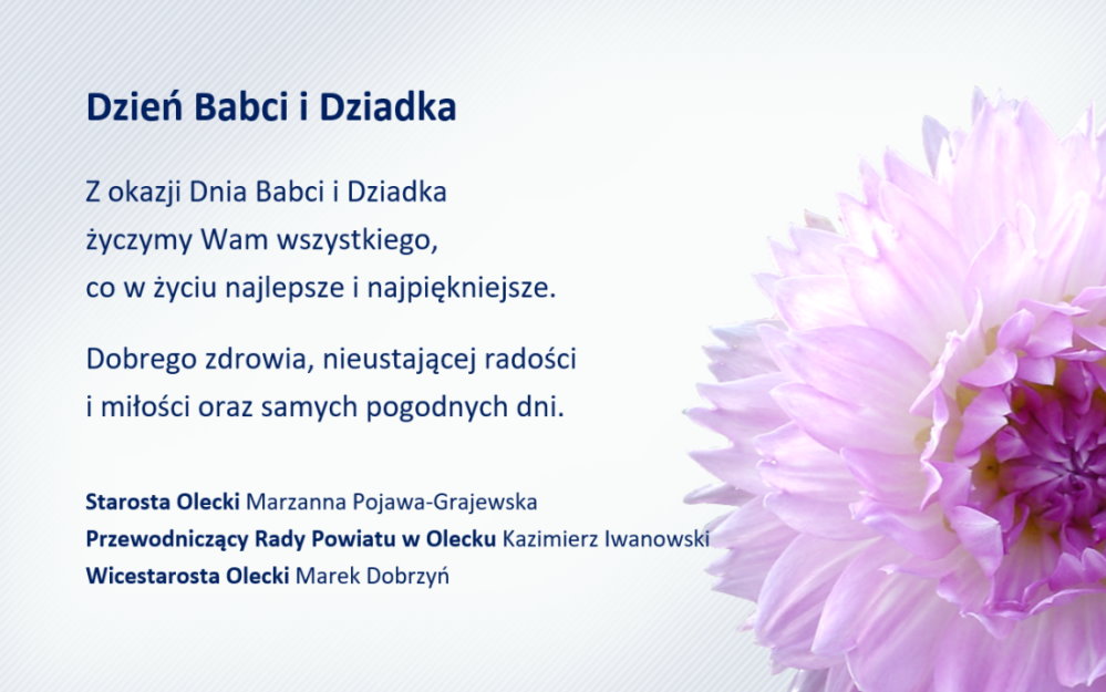 Grafika. Po lewej treść życzeń na Dzień Babci i Dziadka. Z okazji Dnia Babci i Dziadka życzymy Wam wszystkiego, co w życiu najlepsze i najpiękniejsze. Dobrego zdrowia, nieustającej radości i miłości oraz samych pogodnych dni. Starosta Olecki Marzanna Pojawa-Grajewska, Przewodniczący Rady Powiatu w Olecku Kazimierz Iwanowski, Wicestarosta Olecki Marek Dobrzyń. Po prawej kwiatek.