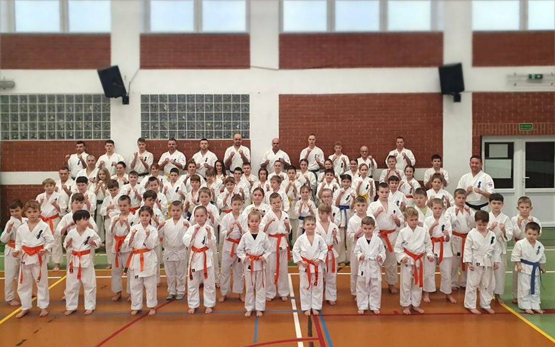 Kilkadziesiąt osób stoi obok siebie w sali. Są to dzieci, młodzież i dorośli. Są to zawodnicy karate. Są oni ubrani w stroje sportowe, tj. w kimona.