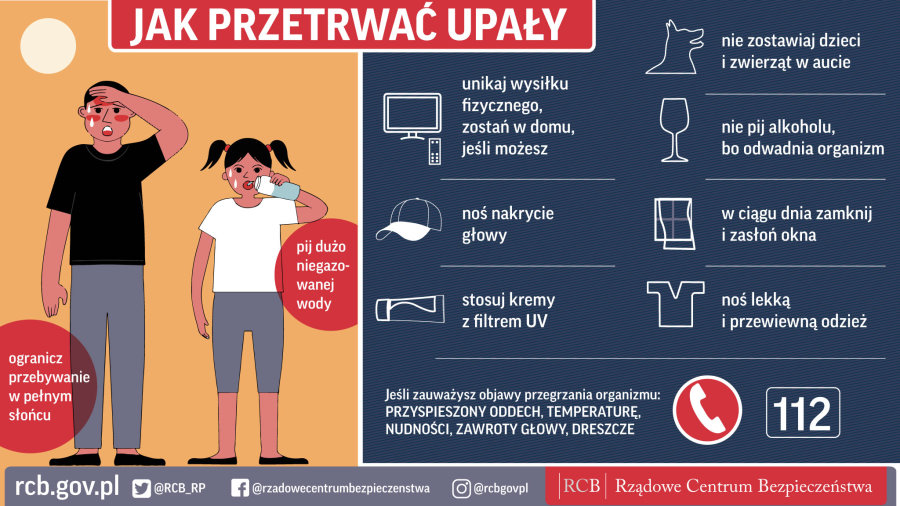 Infografika. Na górze napis. Jak przetrwać upały. Po lewej stronie: słońce, chłopak i dziewczyna. Ma on zaczerwione policzki i krople potu na twarzy. Ona trzyma butelkę z wodą i ma krople potu na twarzy. Przy nim napis: ogranicz przebywanie w pełnym słońcu. A przy niej: pij dużo niegazowanej wody. Po prawej grafika telewizora z pilotem, czapki, kremu, psa, kieliszka do wina, okna z firanką i bluzki. Przy każdej grafice napisy. Unikaj wysiłku fizycznego. Zostań w domu, jeśli możesz. Noś nakrycie głowy. Stosuj kremy z filtrem UV. Nie zostawiaj dzieci i zwierząt w aucie. Nie pij alkoholu, bo odwadnia organizm. W ciągu dnia zamknij i zasłoń okna. Noś lekką i przewiewną odzież. Pod nimi napis: jeśli zauważysz objawy przegrzania organizmu: przyspieszony oddech, temperaturę, nudności, zawroty głowy, dreszcze. Obok słuchawka i numer alarmowy 112. Na dole: rcb@gov.pl i obok adresy portali społecznościowych Rządowego Centrum Bezpieczeństwa.