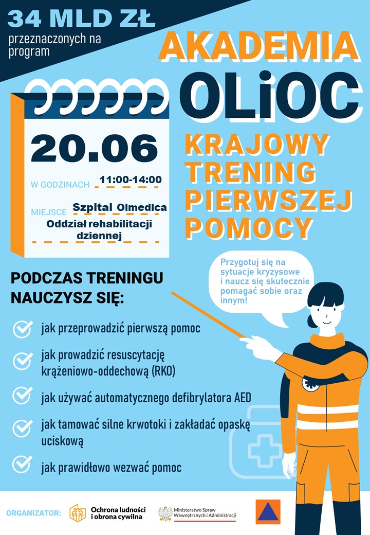 Plakat informujący o Krajowym Treningu Pierwszej Pomocy. Wydarzenie odbędzie się 20 czerwca 2026 r. w godz. 11:00&ndash;14:00 w Szpitalu Olmedica w Olecku. Na grafice znajdują się najważniejsze informacje o programie szkolenia.