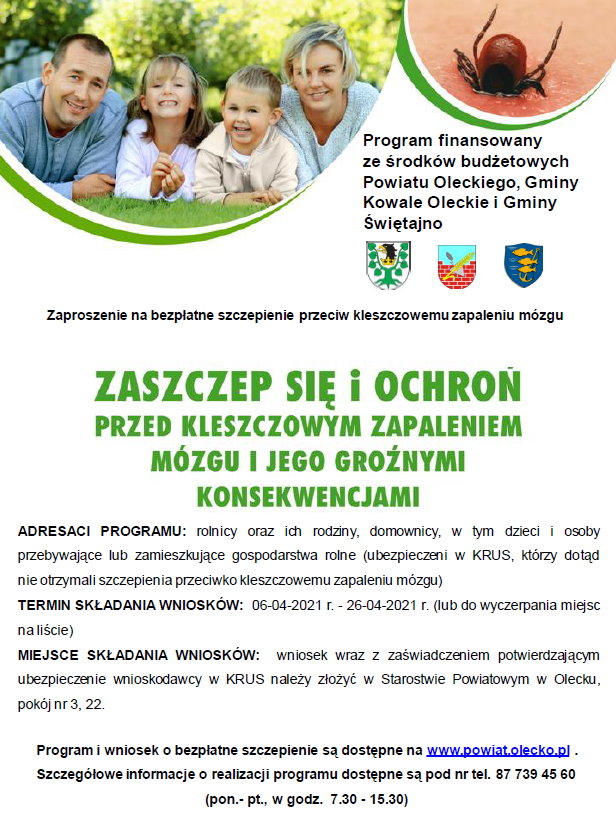 Plakat programu polityki zdrowotnej w zakresie szczepień ochronnych przeciw kleszczowemu zapaleniu mózgu dla mieszkańców powiatu oleckiego na lata 2018-2022