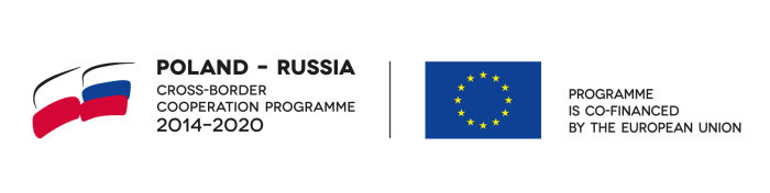 Flaga Polski i Rosji z napisem Poland - Russia Cross-Border Cooperation Programme 2014-2020, flaga Unii Europejskiej z napisem Programme is co-financed by the European Union