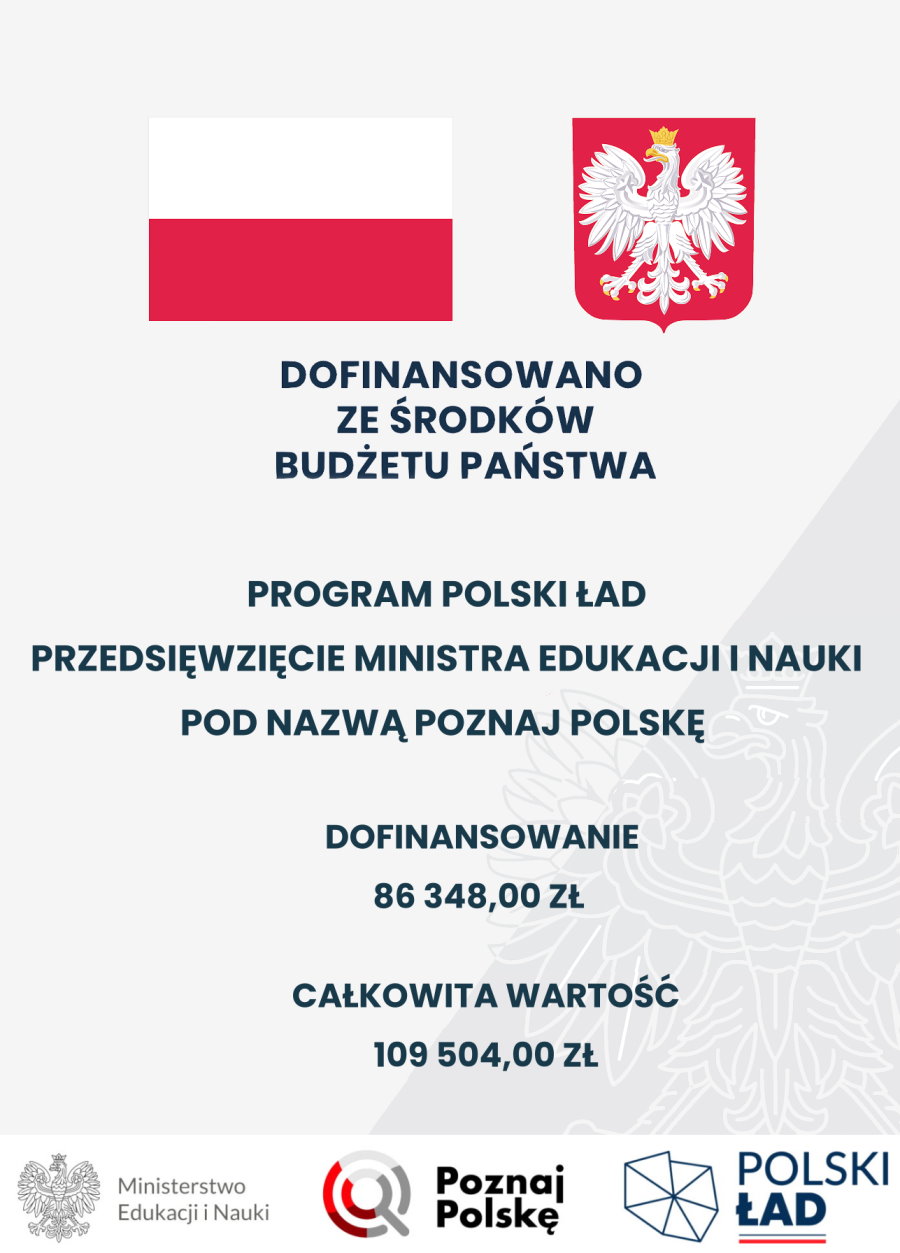 Plakat. Na górze flaga i godło Polski. Pod nimi napisy: dofinansowano ze środków budżetu państwa; Program Polski Ład; przedsięwzięcie Ministra Edukacji i Nauki pod nazwą Poznaj Polskę; dofinansowanie 86 348 zł; całkowita wartość 109 504 zł. Na dole 3 logotypy, tj. urzędu, przedsięwzięcia i programu.