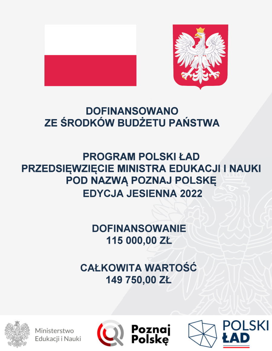 Plakat. Na górze flaga i godło Polski. Pod nimi napisy: dofinansowano ze środków budżetu państwa; Program Polski Ład; przedsięwzięcie Ministra Edukacji i Nauki pod nazwą Poznaj Polskę; edycja jesienna 2022; dofinansowanie 115 000 zł; całkowita wartość 149 750 zł. Na dole 3 logotypy, tj. urzędu, przedsięwzięcia i programu.