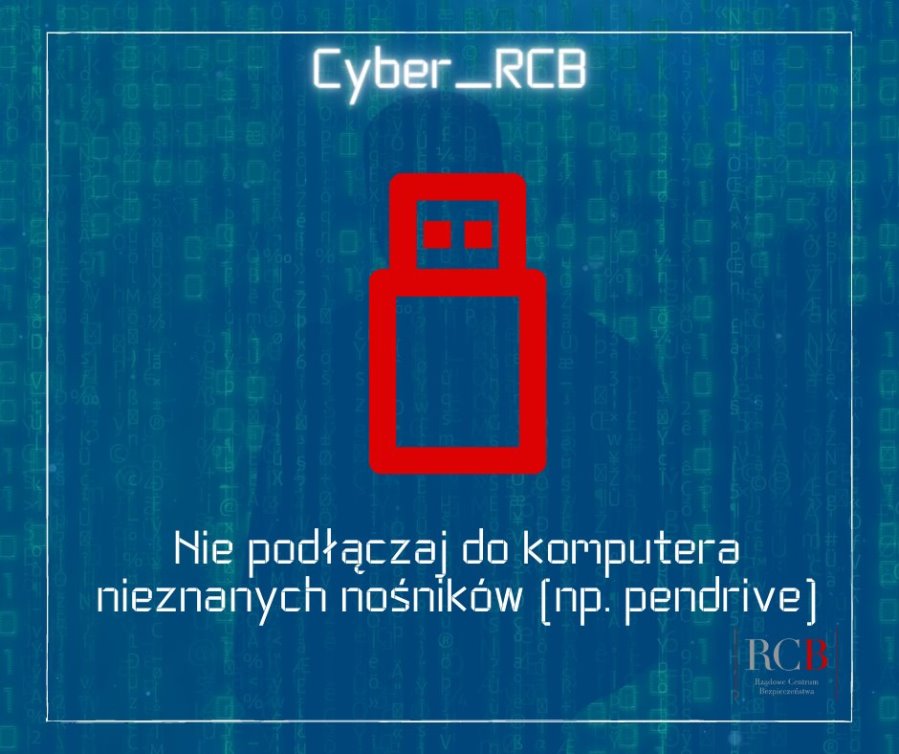 Napis: cyber_RCB. Pod nim symbol pendrive’a i napis. Nie podłączaj do komputera nieznanych nośników, np. pendrive. Obok logo, tj. napis: RCB Rządowe Centrum Bezpieczeństwa z pionowymi kreskami po obu jego stronach.
