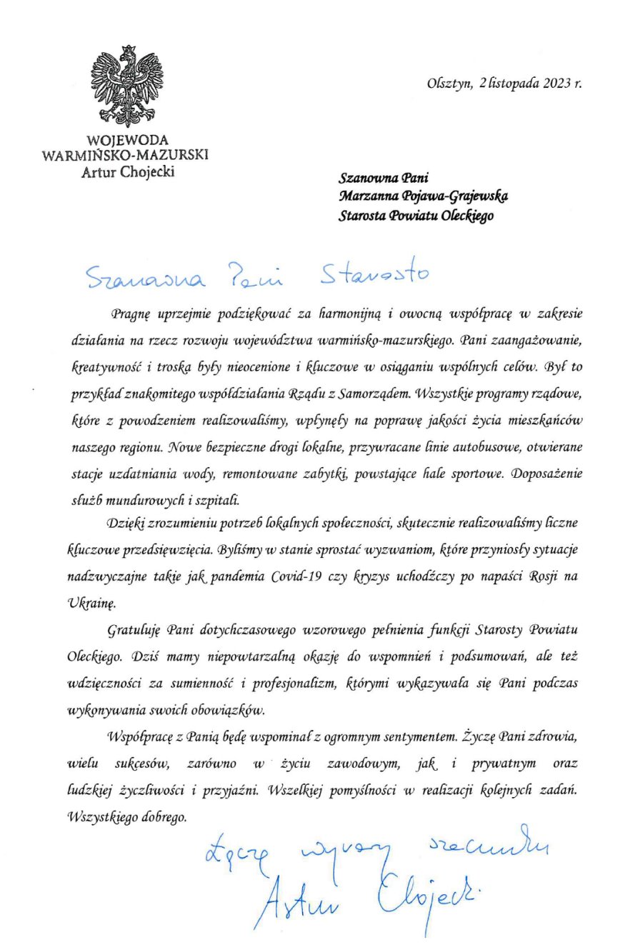 Dyplom. Jest w nim godło Polski i treść podziękowań Wojewody Warmińsko-Mazurskiego Artura Chojeckiego za współpracę dla Starosty Oleckiego Marzanny Pojawy-Grajewskiego z 2 listopada 2023 r.