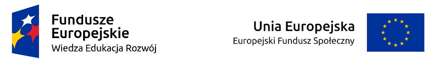 Po lewej znak Funduszy Europejskich z napisem Wiedza Edukacja Rozwój. Po prawej flaga Unii Europejskiej z napisem Unia Europejska Europejski Fundusz Społeczny.