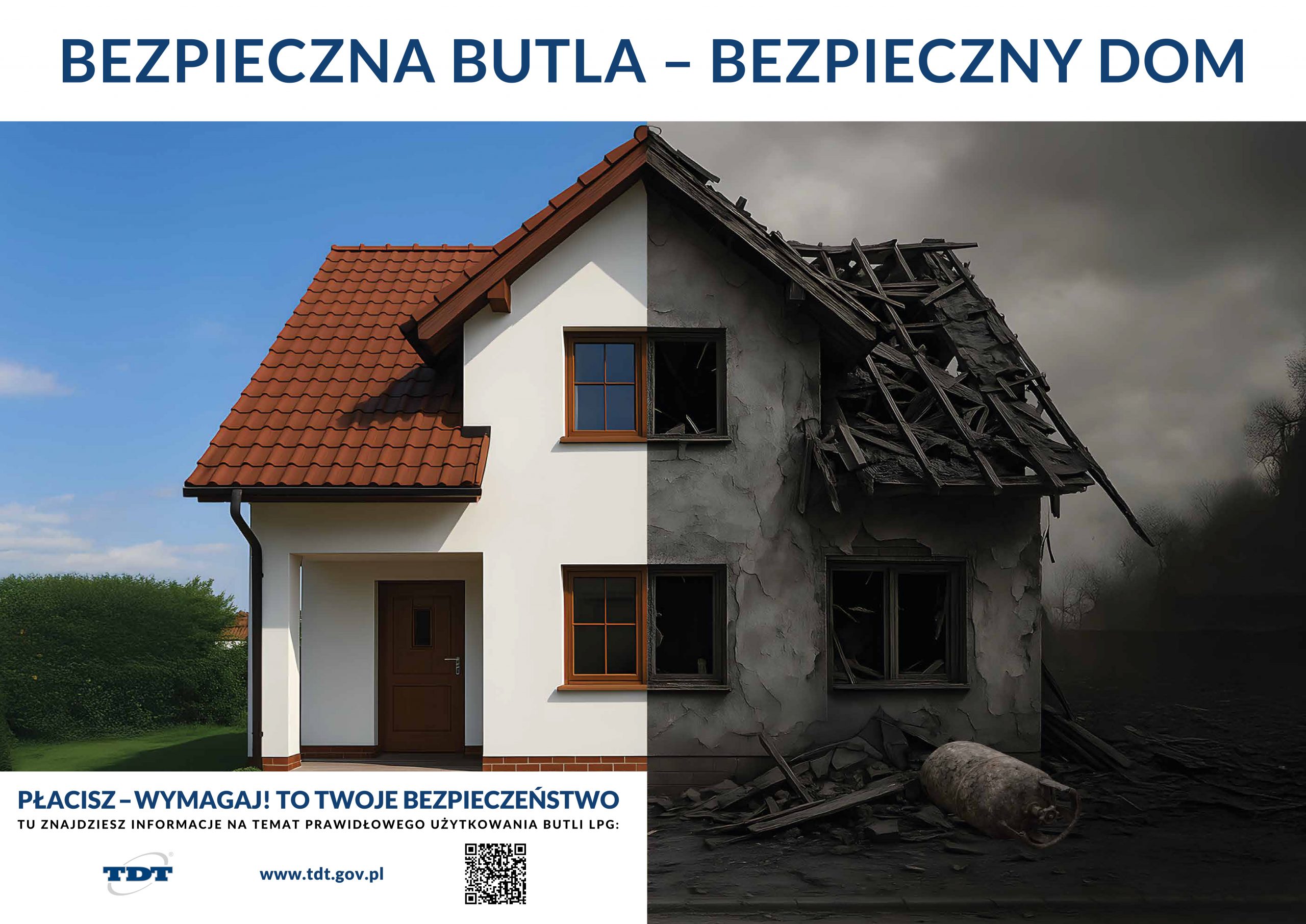 Napis: bezpieczna butla – bezpieczny dom. Pod nim zdjęcie. Jest ono podzielone na 2 części. Lewa strona to zadbany dom. Prawa to ten sam dom, ale zniszczony po pożarze. Na dole tekst. Płacisz – wymagaj! To Twoje bezpieczeństwo. Tu znajdziesz informacje na temat prawidłowego użytkowania butli LPG. Logo z tekstem: TDT. Napis: www.tdt.gov.pl i QR kod do linku: https://www.tdt.gov.pl/informacje/baza-wiedzy/bezpieczenstwo-butli-na-gaz-lpg/ 
