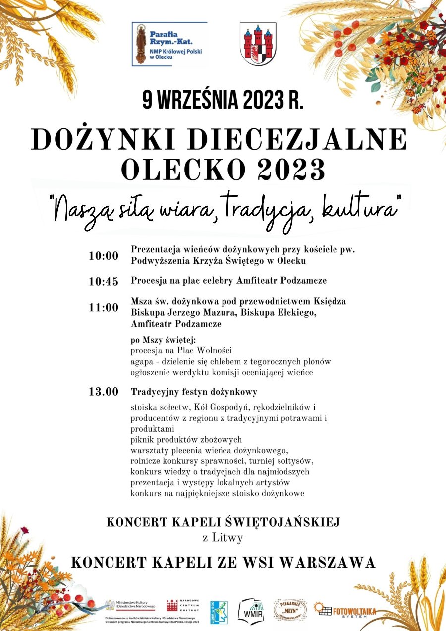 Rysunki kwiatów i zbóż oraz napis 9 września 2023 r.  Dożynki Diecezjalne Olecko 2023