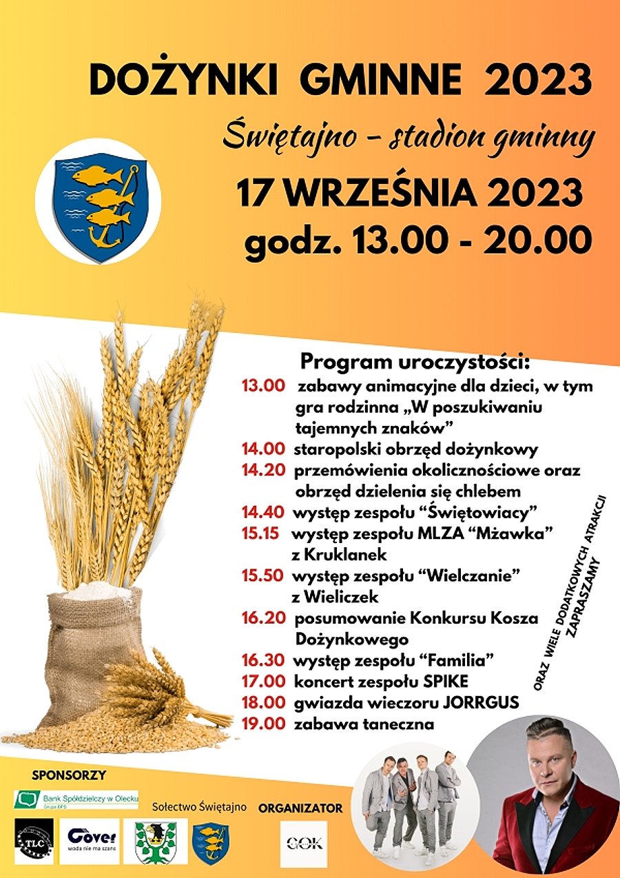 Napis Dożynki gminne 2023 Świętajno - stadion gminny 17 września 2023 r. godz. 13.00 - 20.00. Po lewej stronie herb gminy - 3 ryby.