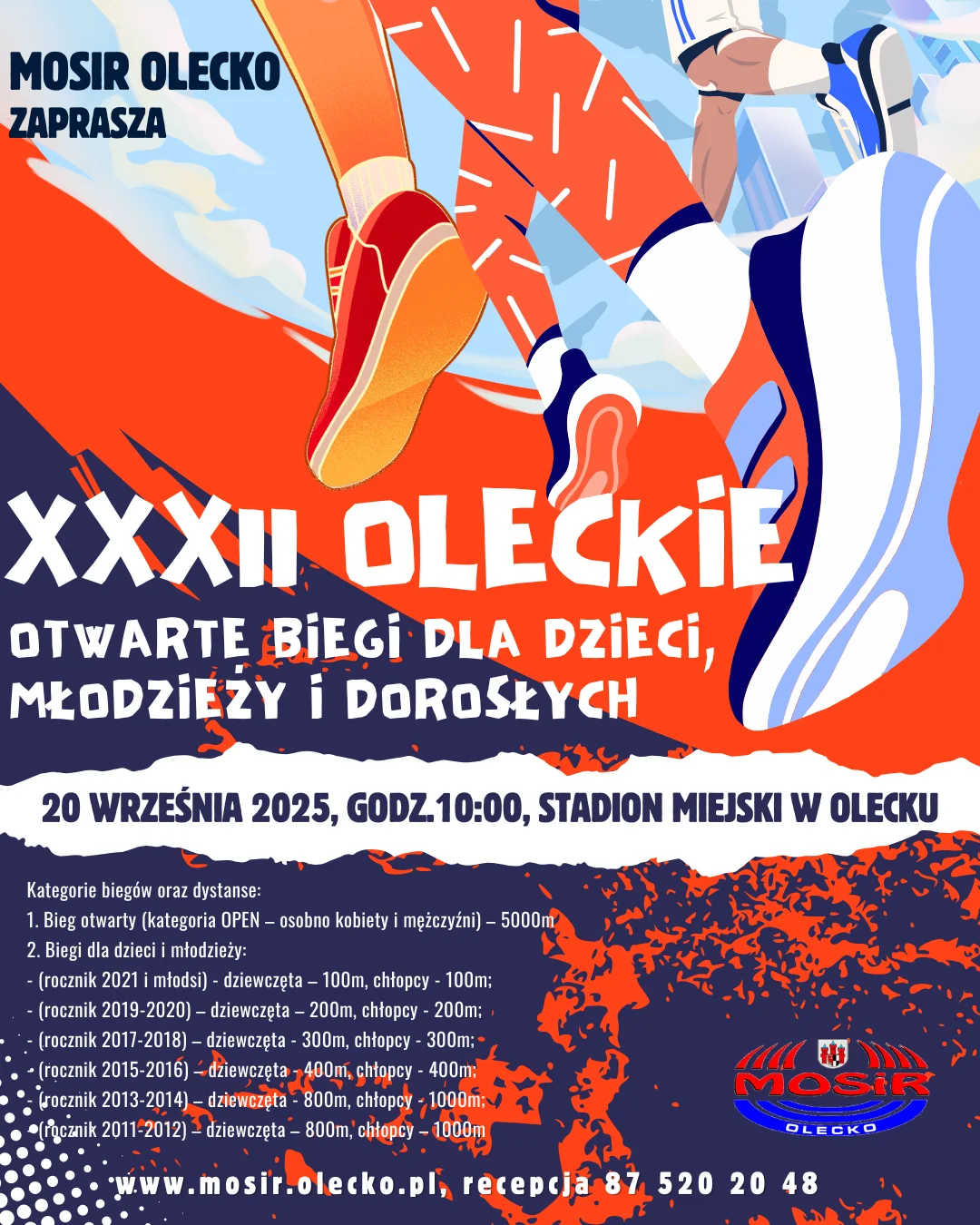 Plakat na  XXXII Oleckie Otwarte biegi dla dzieci, młodzieży i dorosłych.