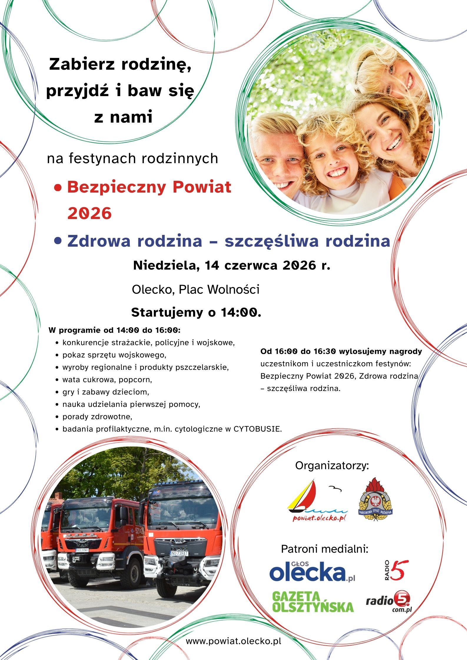 rodzinne festyny „Bezpieczny Powiat 2026” i „Zdrowa rodzina Plakat promujący rodzinne festyny „Bezpieczny Powiat 2026” i „Zdrowa rodzina