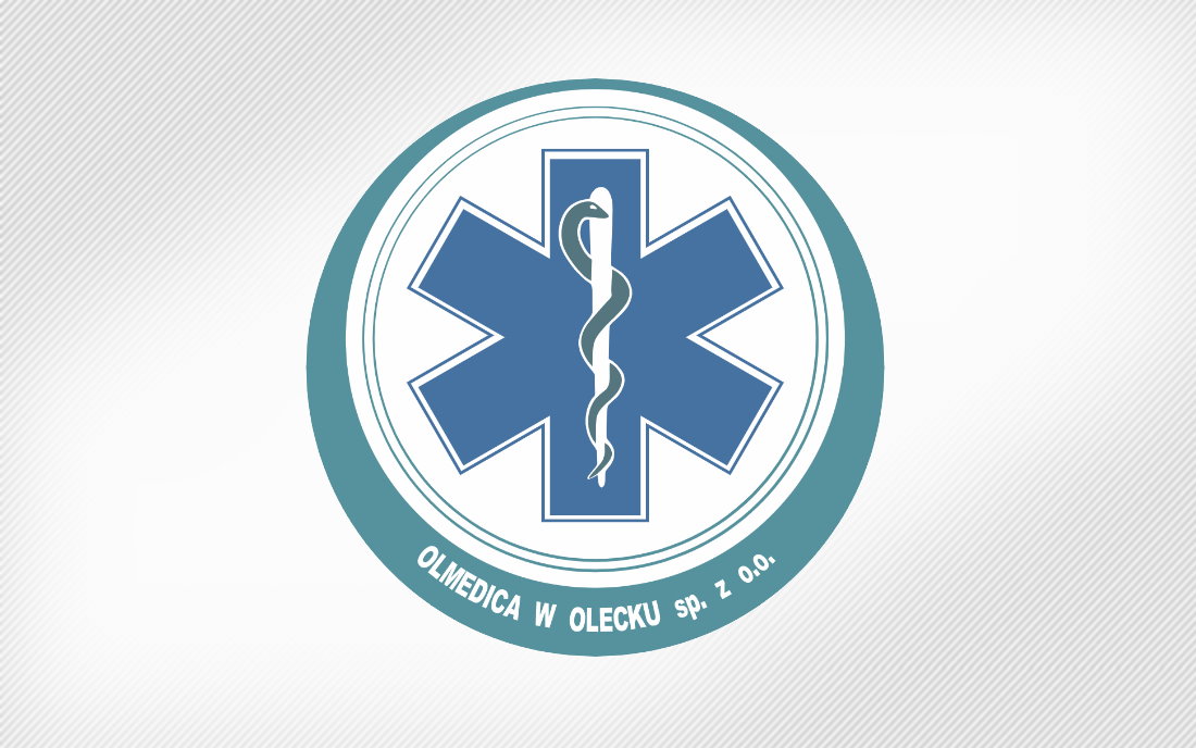 Logo OLMEDICA w Olecku sp. z o.o. z symbolem Gwiazdy Życia i wężem Eskulapa na niebieskim tle.